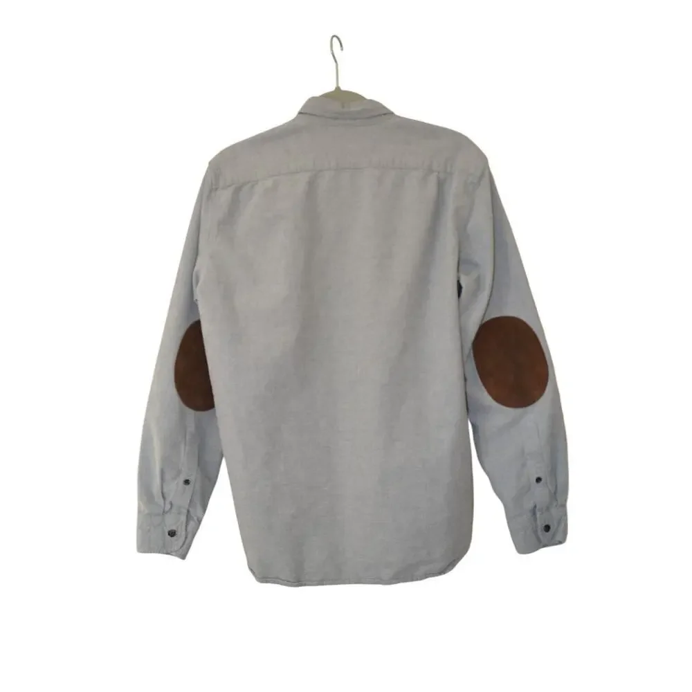 J Crew Mens Shirt Medium Button Long Sleeve Grey Faux Leather Elbow Patches
